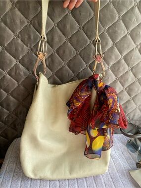 Celsius Off-White Pebbled Leather Slouchy Hobo Bag Statement Hardware